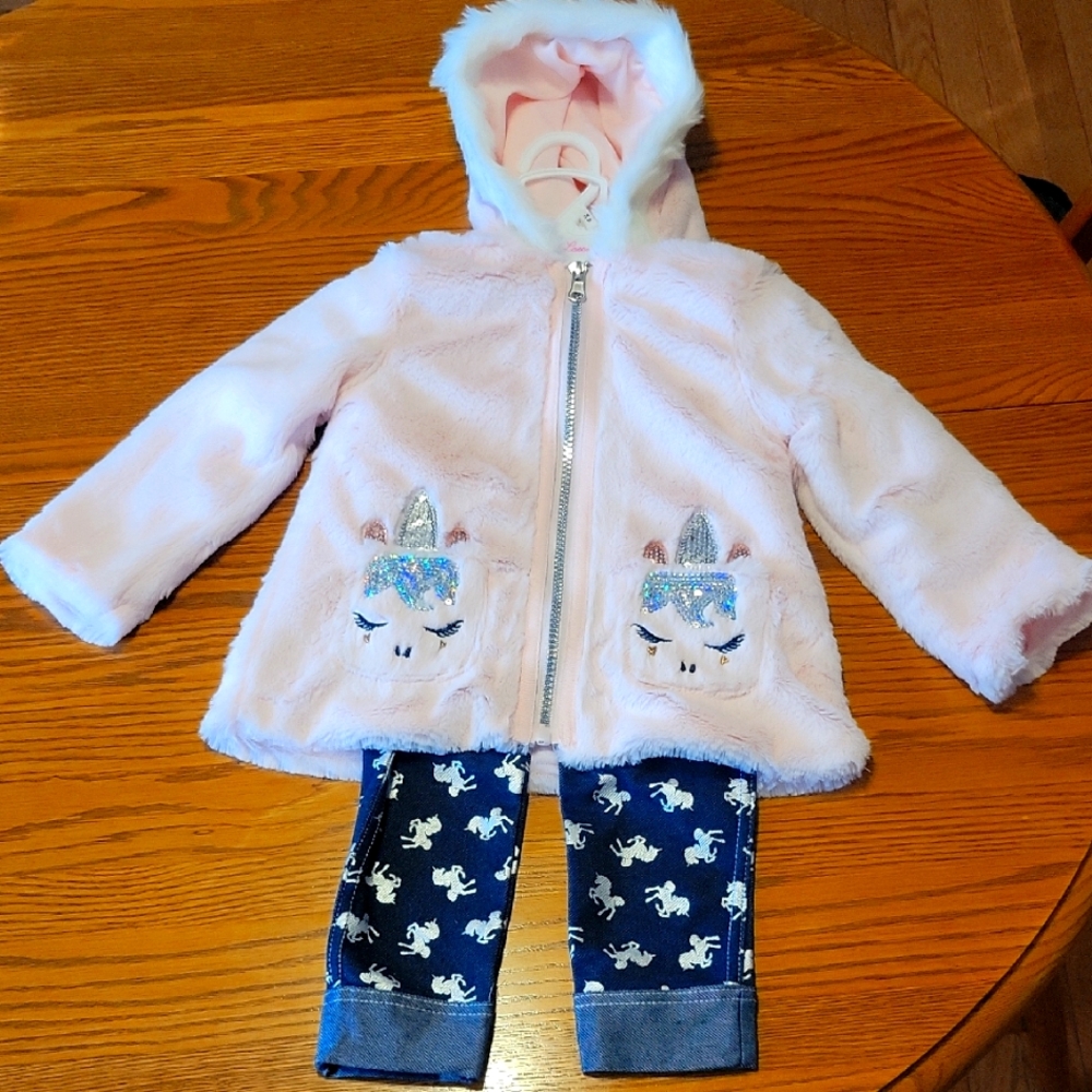 BNWT "Little Lass" Pink Furry Unicorn Hoodie and Blue Leggings Set